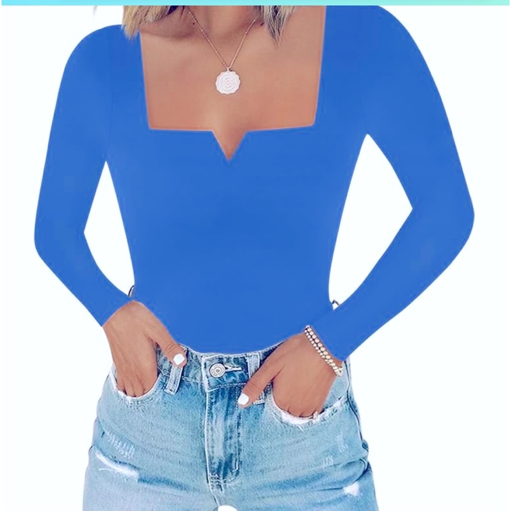 Chunpin  Women Sexy Square Neck Thong Body Suit Deep Blue Size Large - Picture 2 of 4